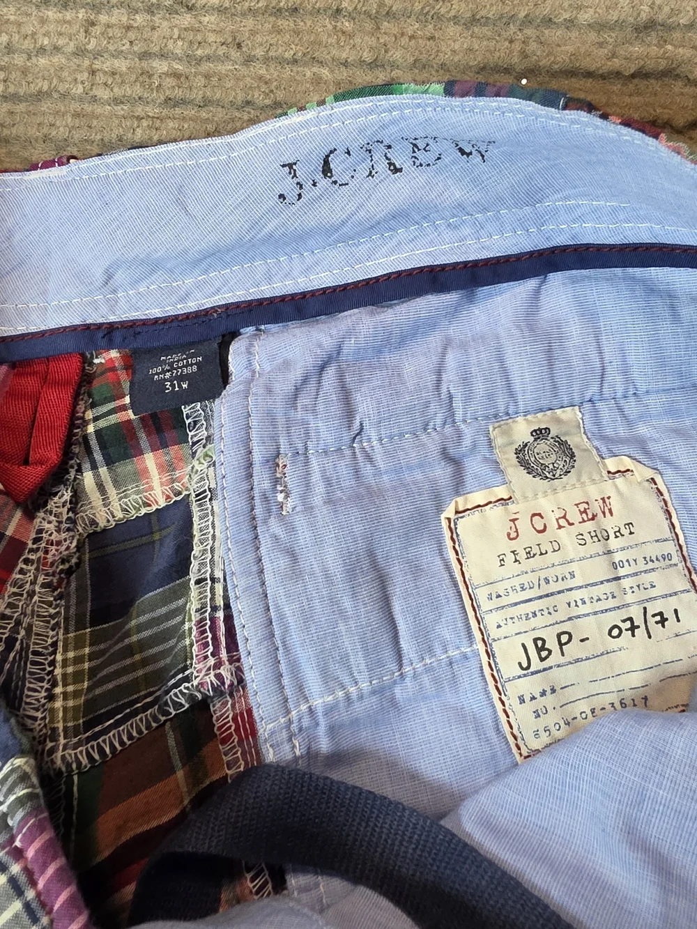 J.Crew Field Short Patchwork Madras Plaid Cotton Multi-Color Shorts Men’s 31